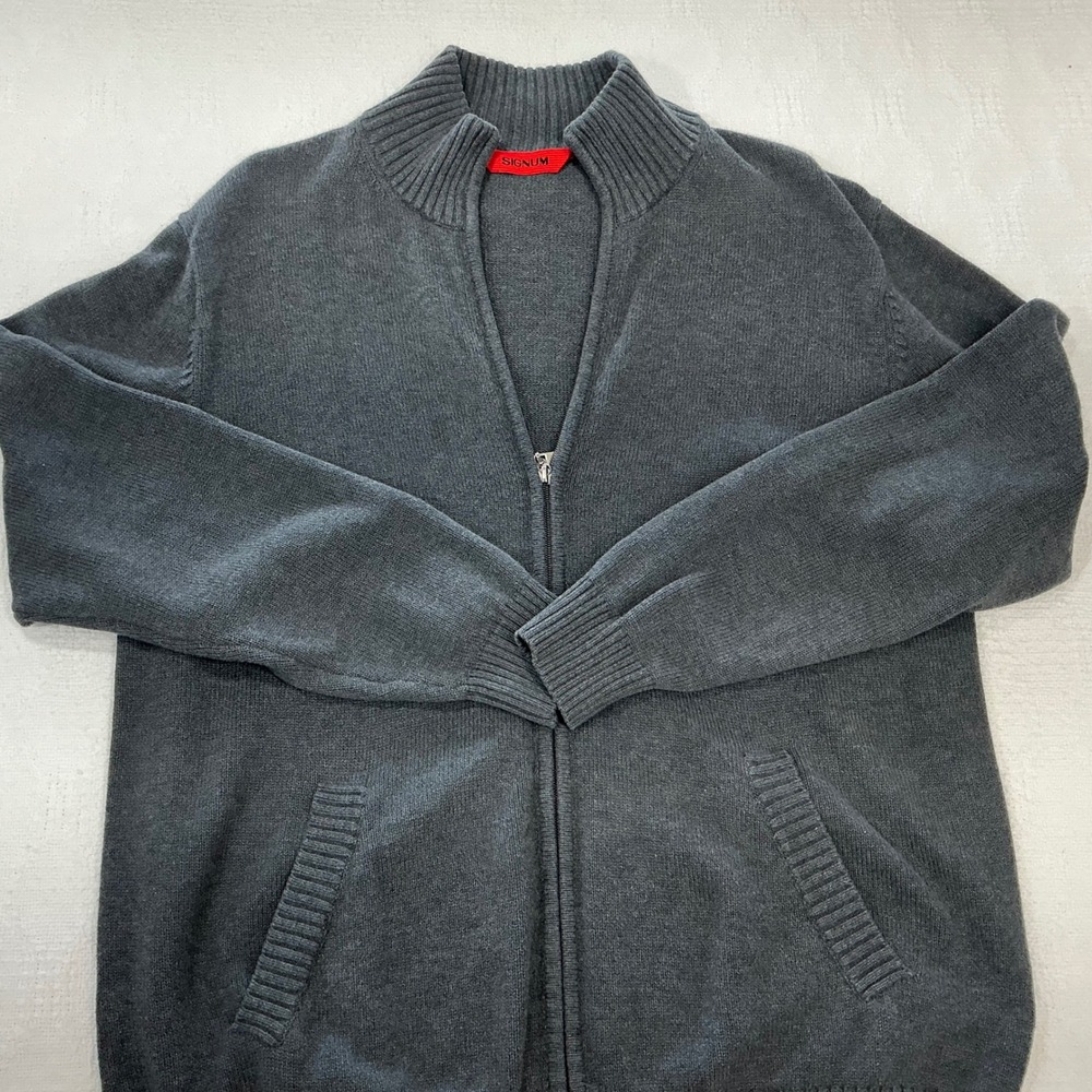 Signum Mens Full Zip Cardigan Sweater Charcoal Gray Mock Neck Knit Size Large